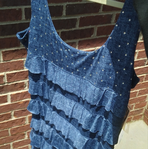Blue Faux Denim Sleeveless Dress with Crystal Detail - Picture 6 of 7